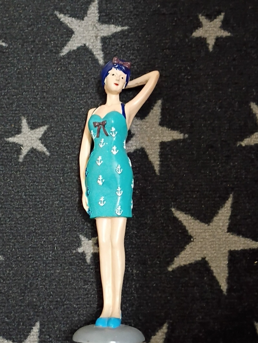 Teal Anchor Print Retro Bathing Beauty Figurine